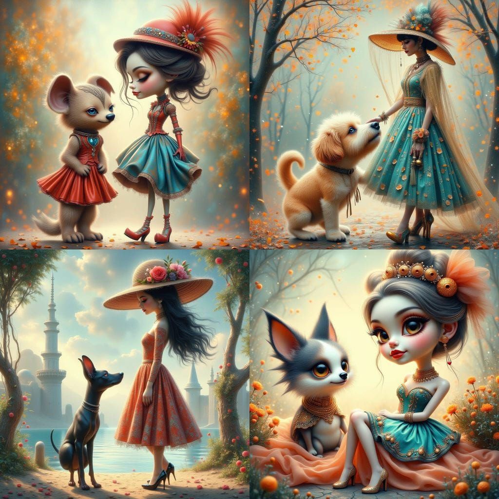 Whimsical Caricature of a Fashionable Lady and Dog