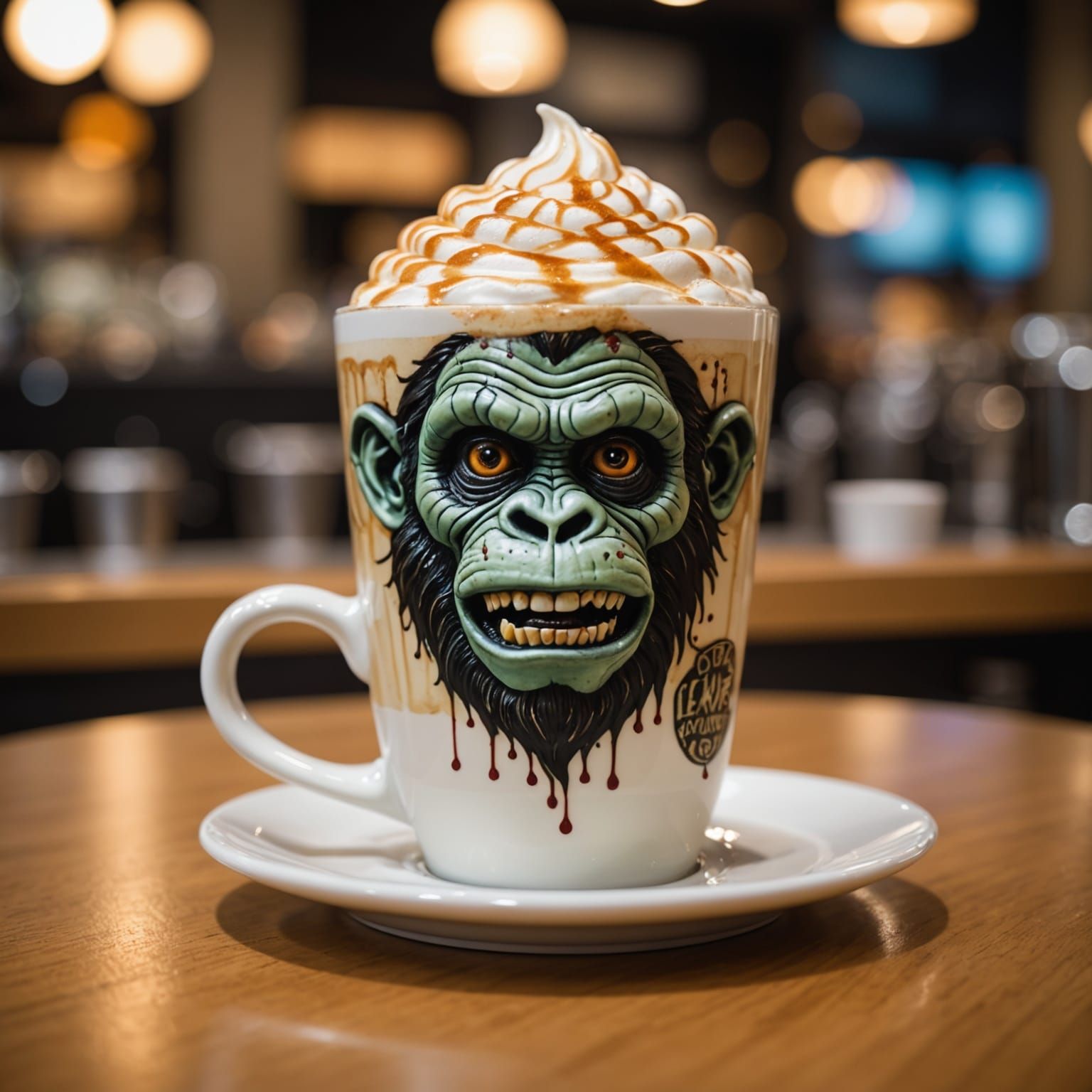Zombie Monkey Clown Latte Art in Coffee Cup