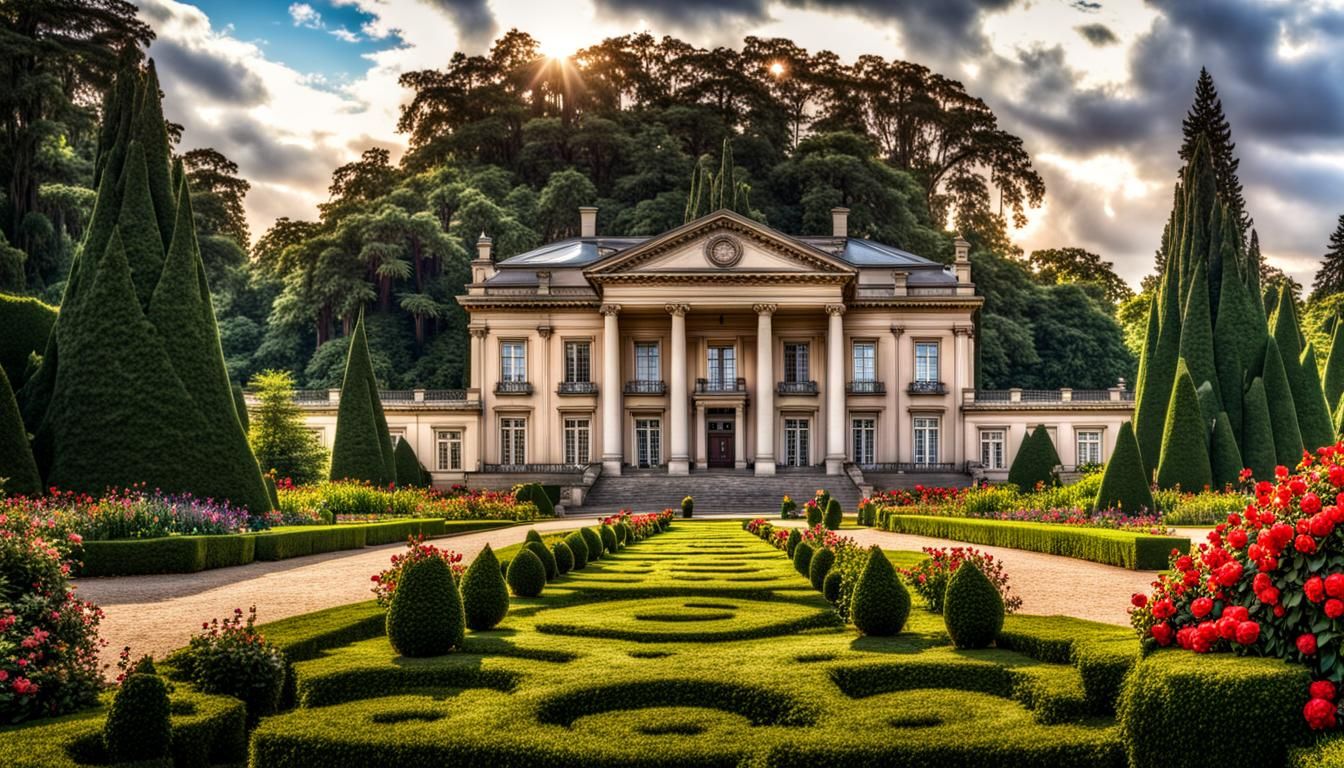 Neoclassical Mansion in Garden Park, Hyperrealistic HDR