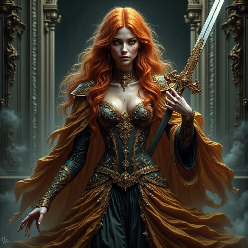 Regal Princess in Golden White Leather Robe with Red Eyes