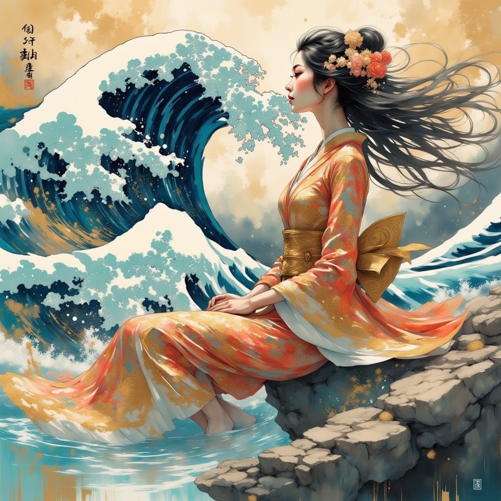 Elegant Woman in Kimono on Windswept Coast