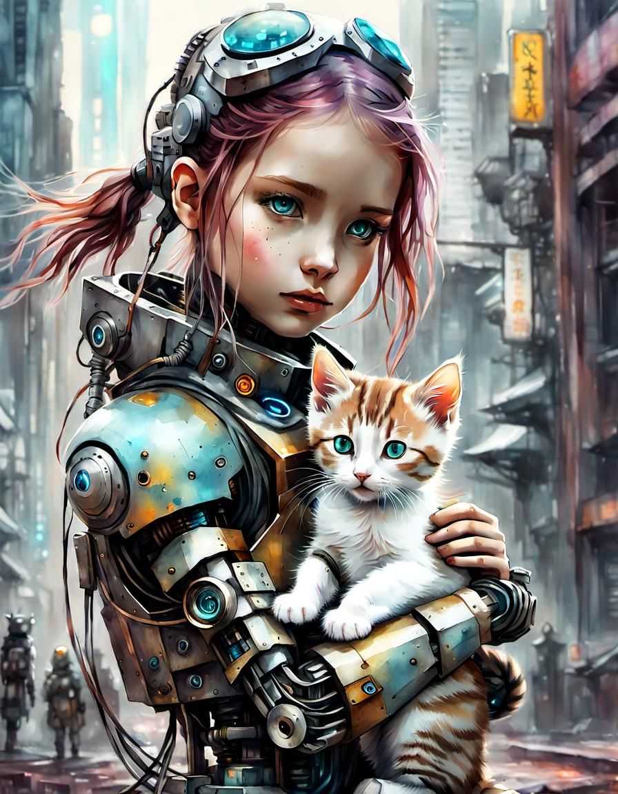 Robot and Kitten in Cyberpunk Cityscape