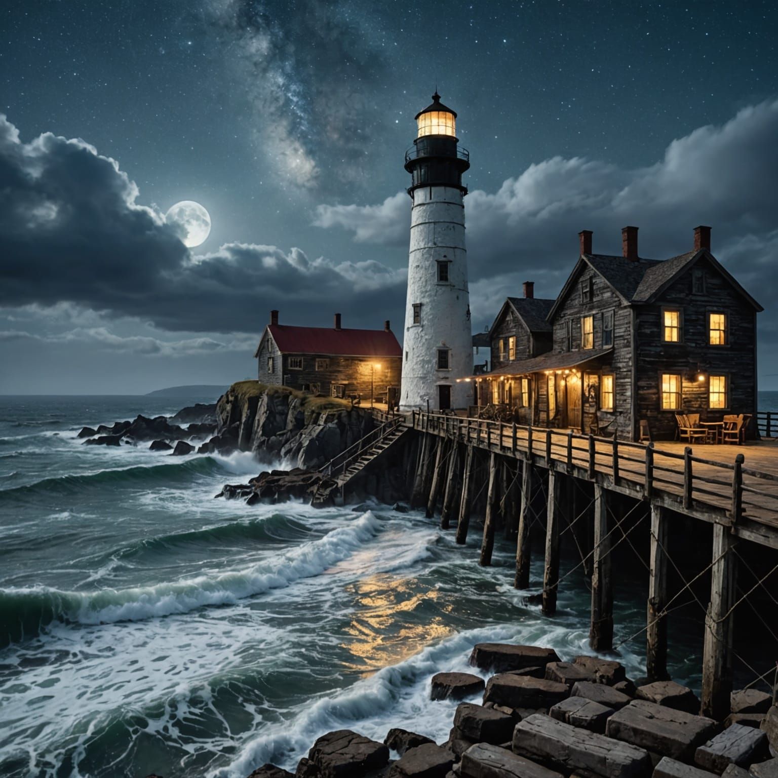 Weather-Beaten Tavern on Wharf Under Galaxy Sky