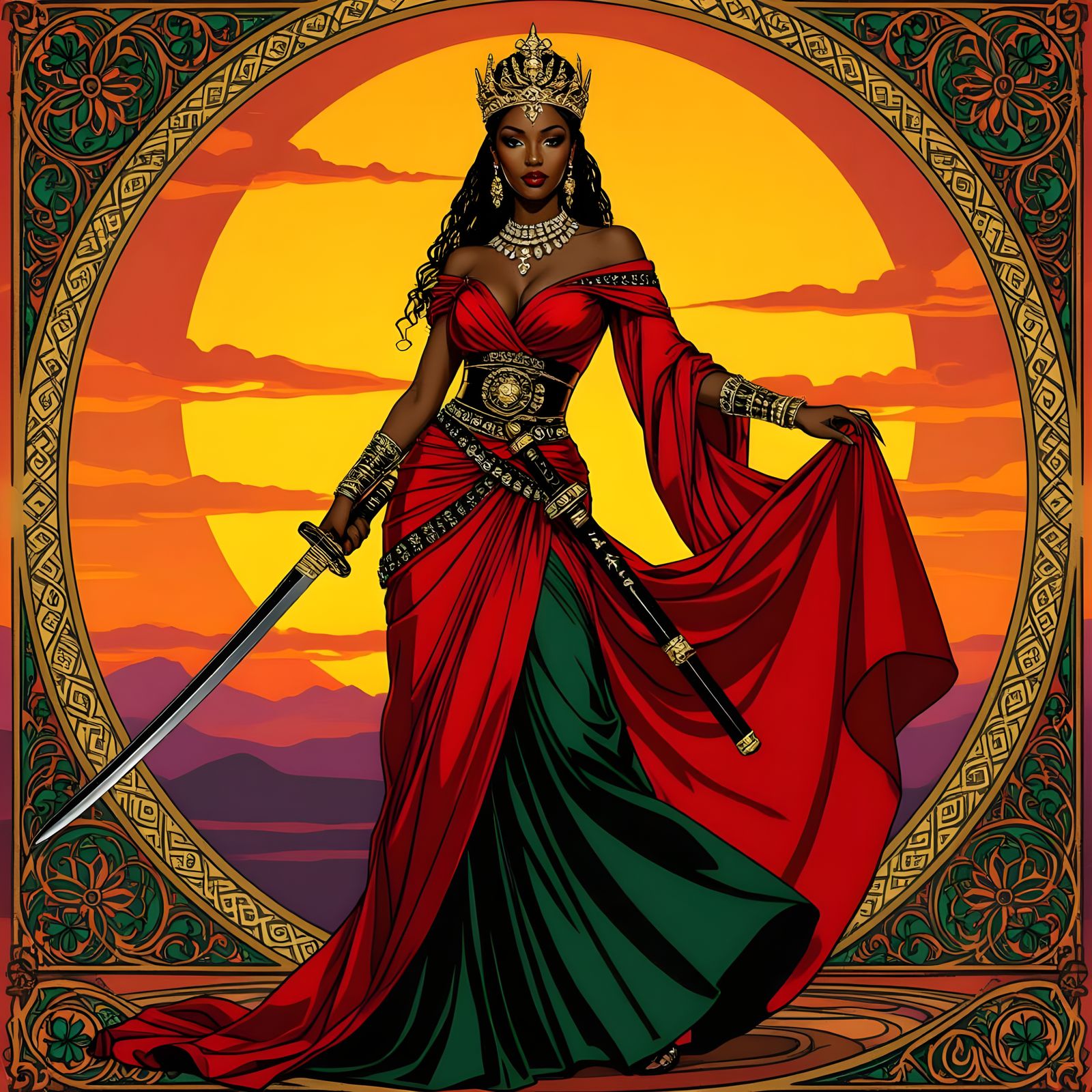Nubian Dancer Silhouette in Versace Gown with Samurai Sword
