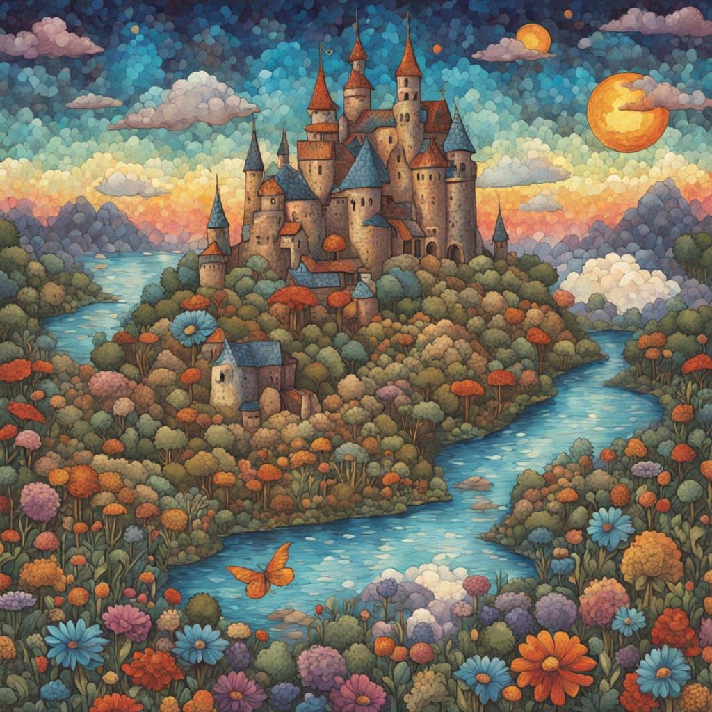 Surreal Castle Over Lake Annacy in Alcohol Ink Style