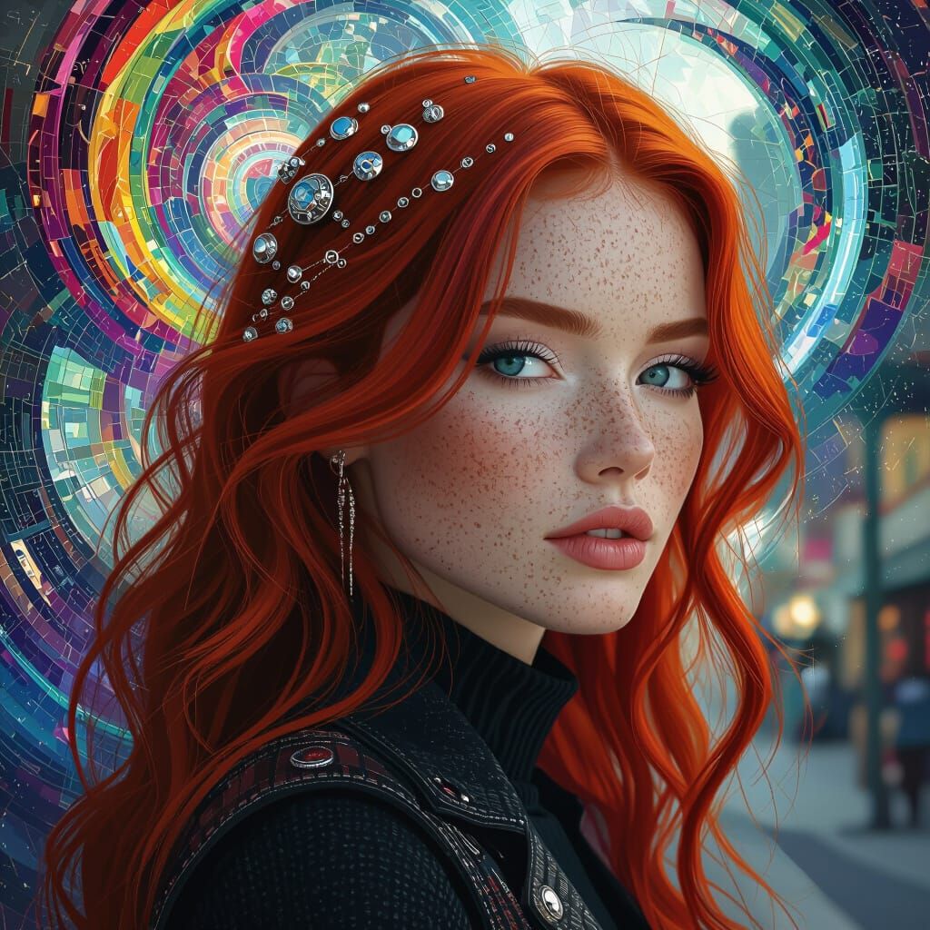 Red-Haired Woman with Silver Streaks in Street Style