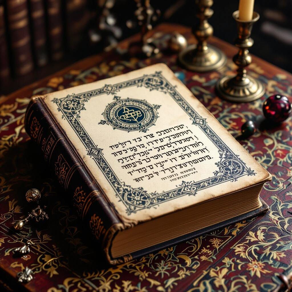 Ancient Esoteric Book with Hebrew Text on Ornate Table