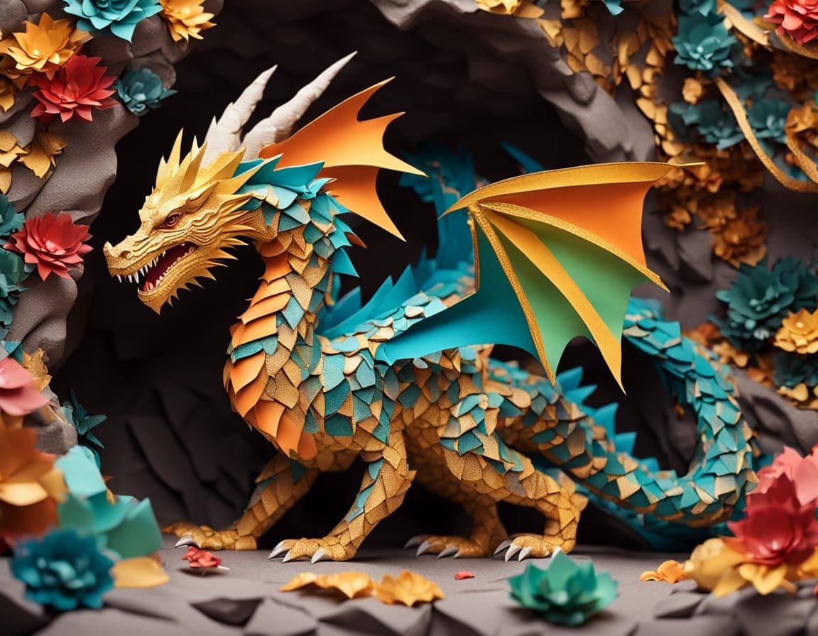 Colourful 3D Paper Dragon Guarding Treasure