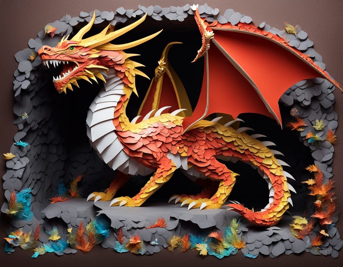 Colorful 3D Paper Dragon Guarding Treasure