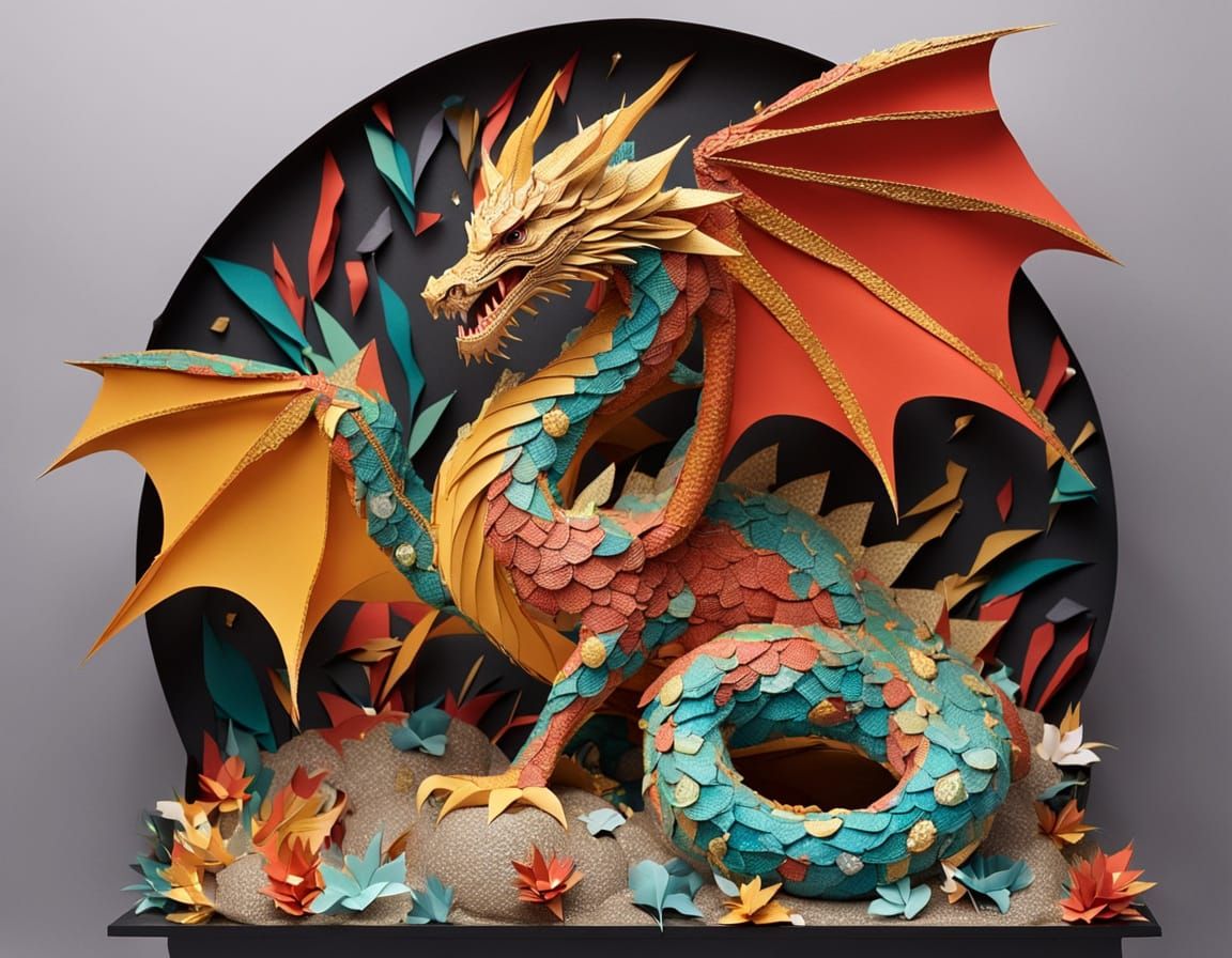 Colourful 3D Paper Dragon Guarding Treasure