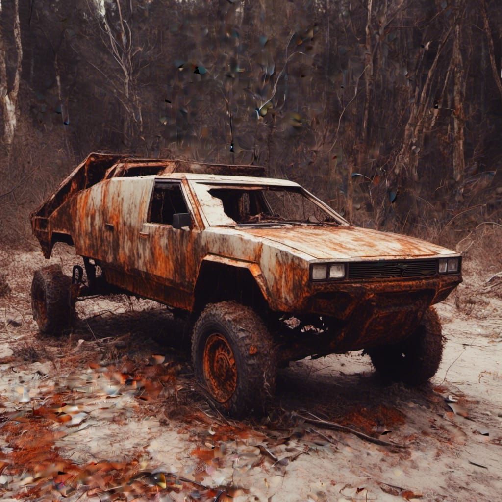 Cyberpunk Tesla Cybertruck with Weathered Rust Patina