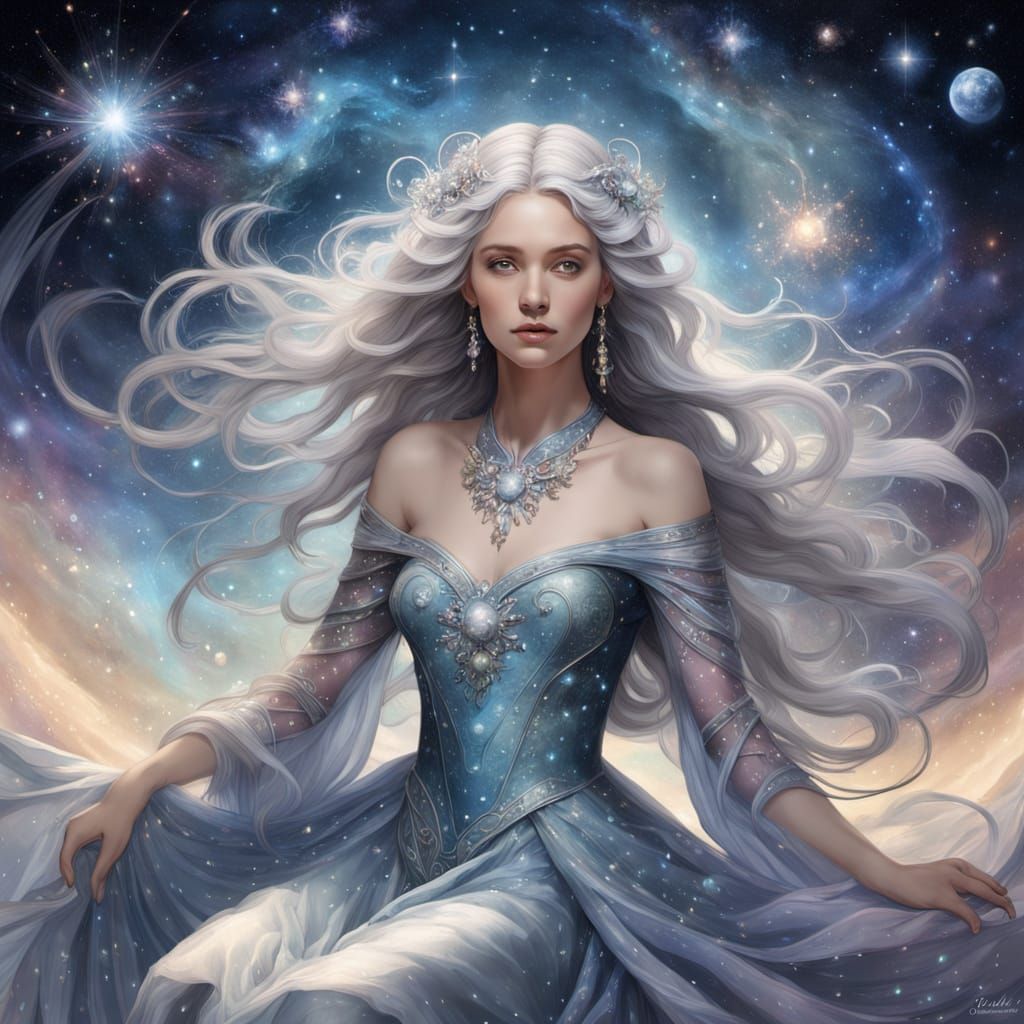 Celestial Seamstress Stitching the Cosmos in Art Nouveau Sty...