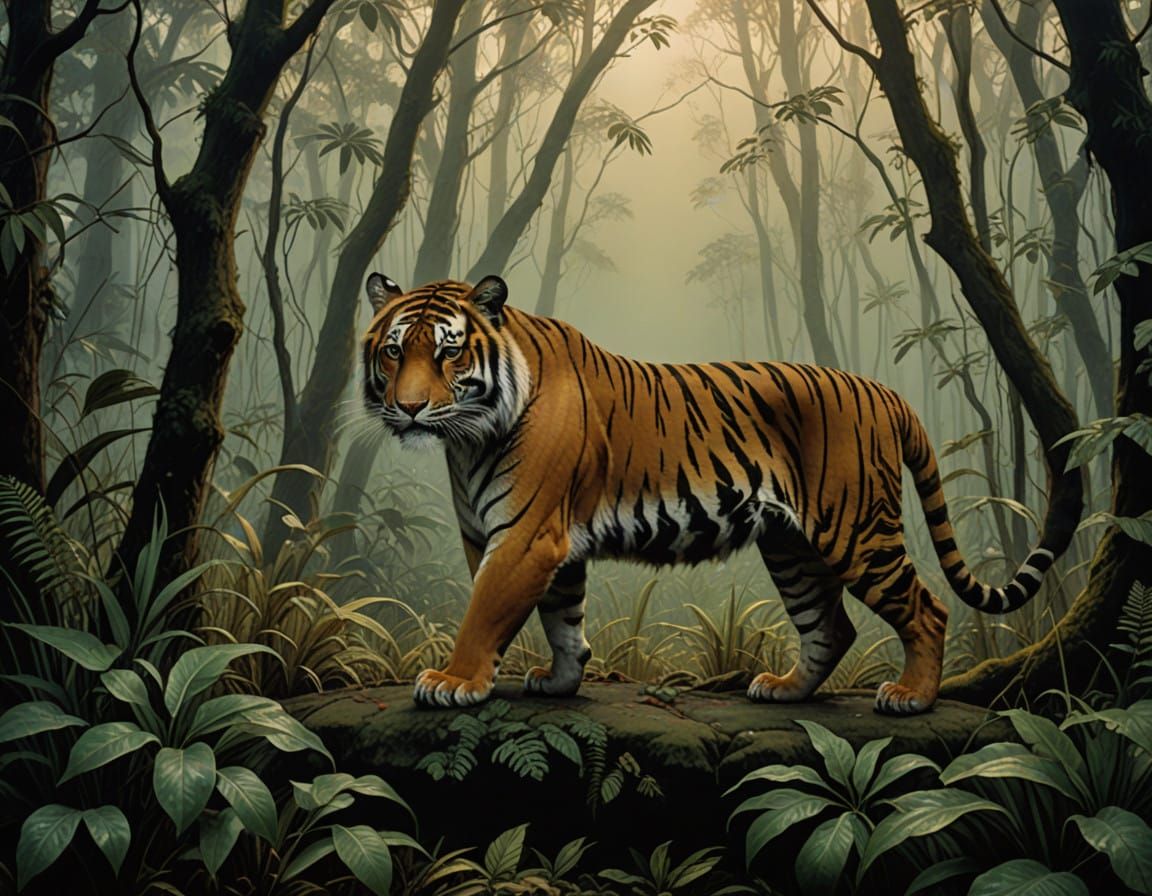 Regal Bengal Tiger in Chiaroscuro Jungle Landscape