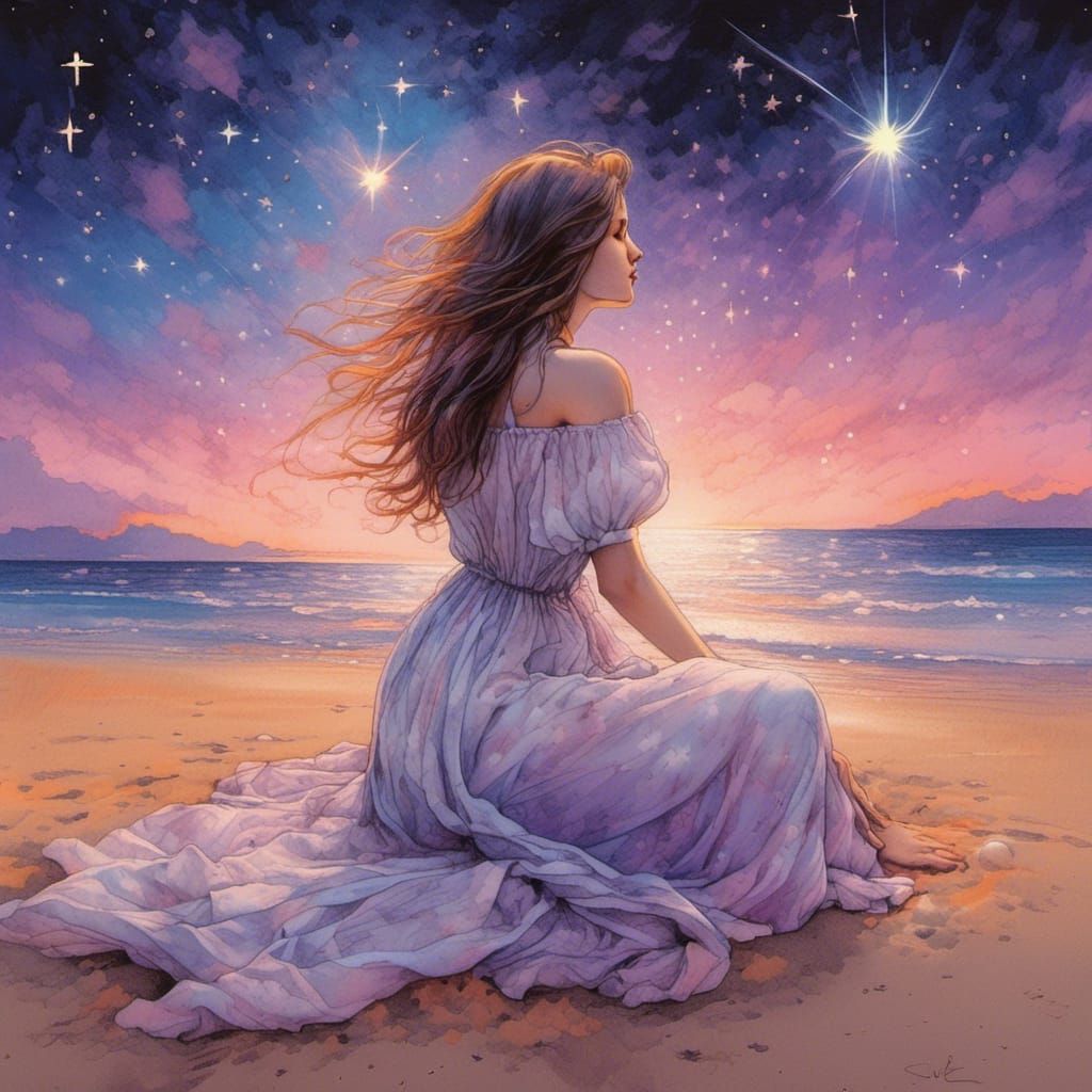 Hyperrealistic Portrait of Woman on Beach Under Starry Sky