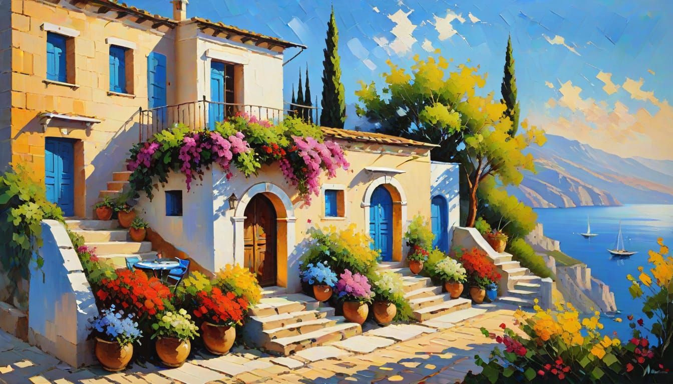 Greek Village House Landscape as Impasto Oil Painting