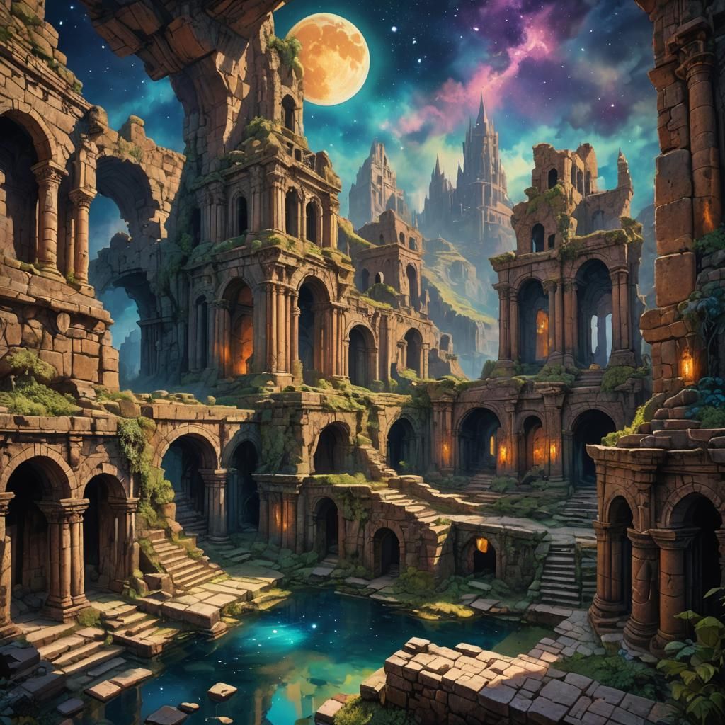 Aristocrat in Ruins Under Starlight as Alcohol Ink Art