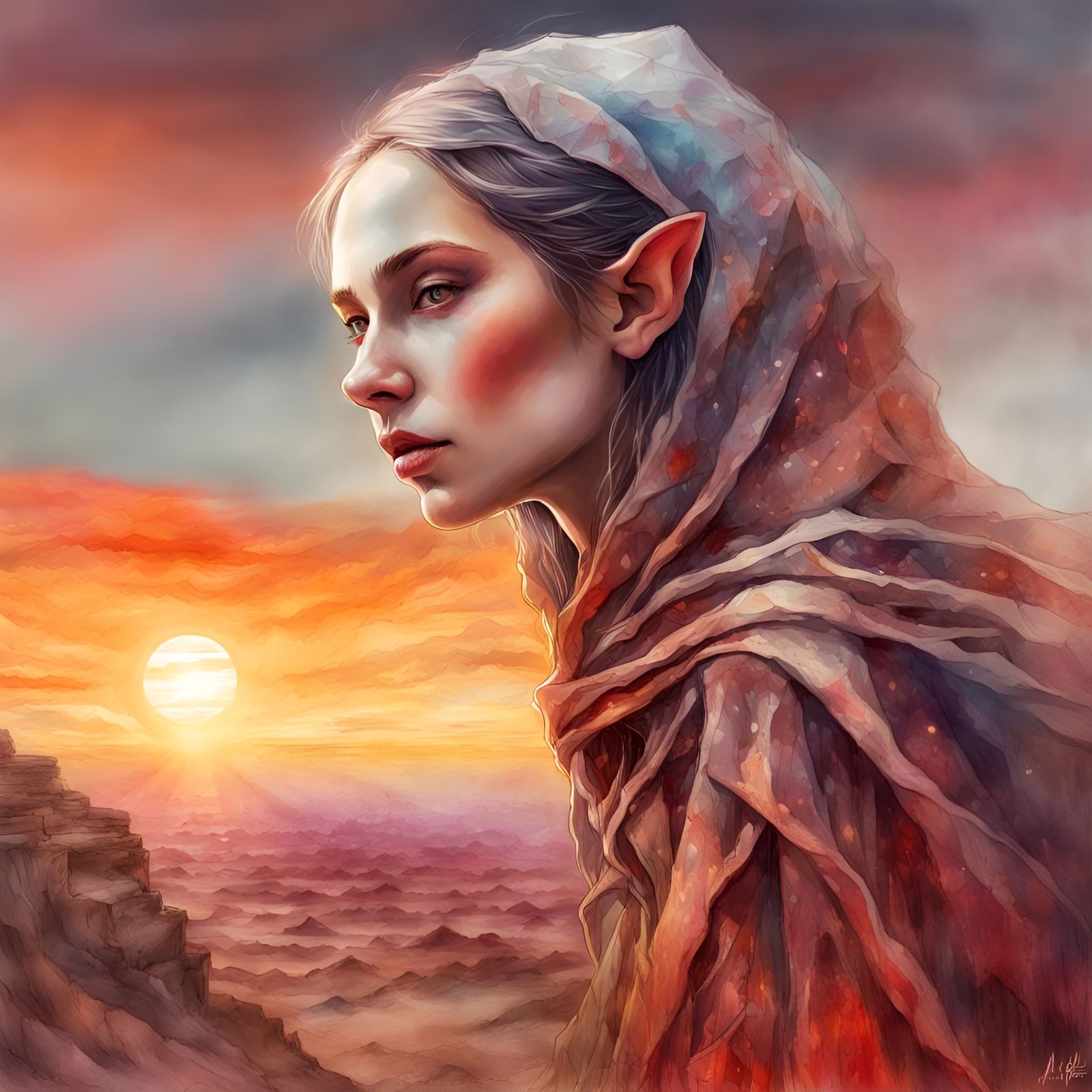 Double Exposure Canyon at Sunrise: Watercolor Illustration