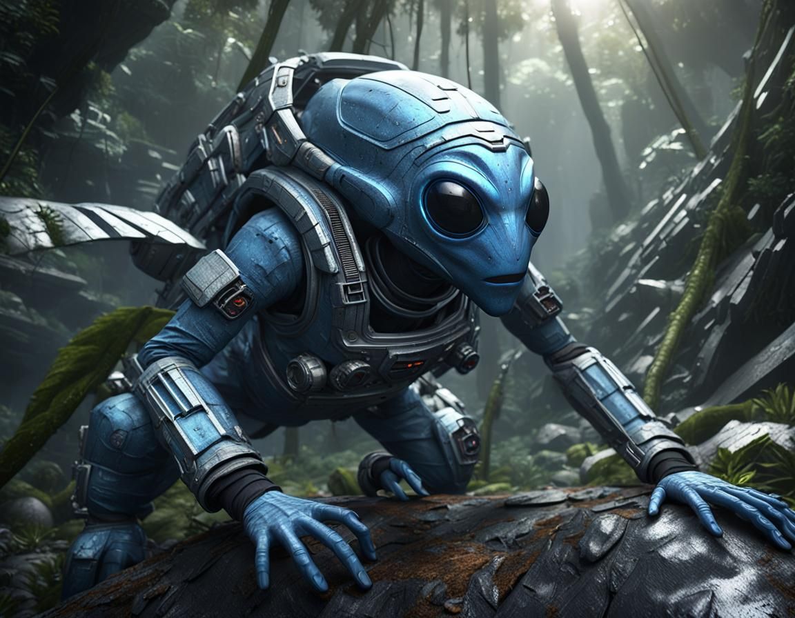 Blue Alien Emerges from Spaceship Wreck: Photorealistic 3D