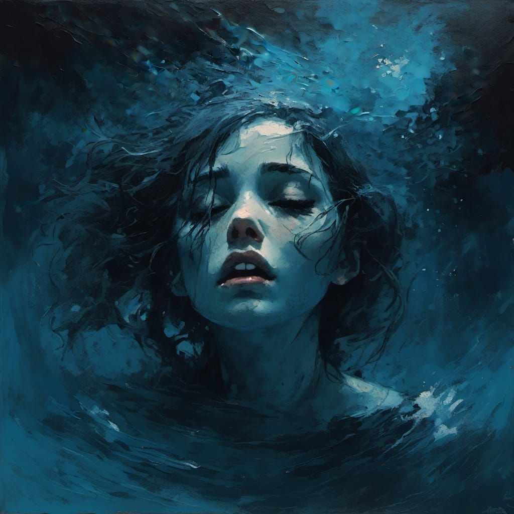 Monochrome Impasto: Woman Drowning in Blue