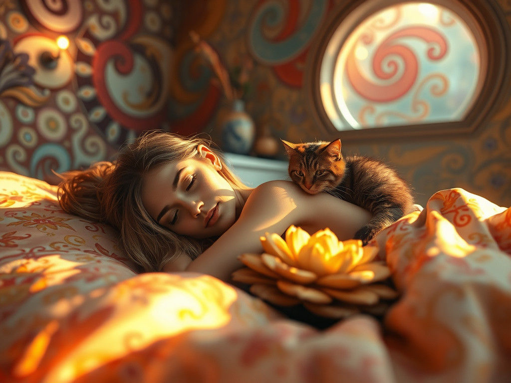 Woman and Cat in Cosy Bedroom as Matte Painting