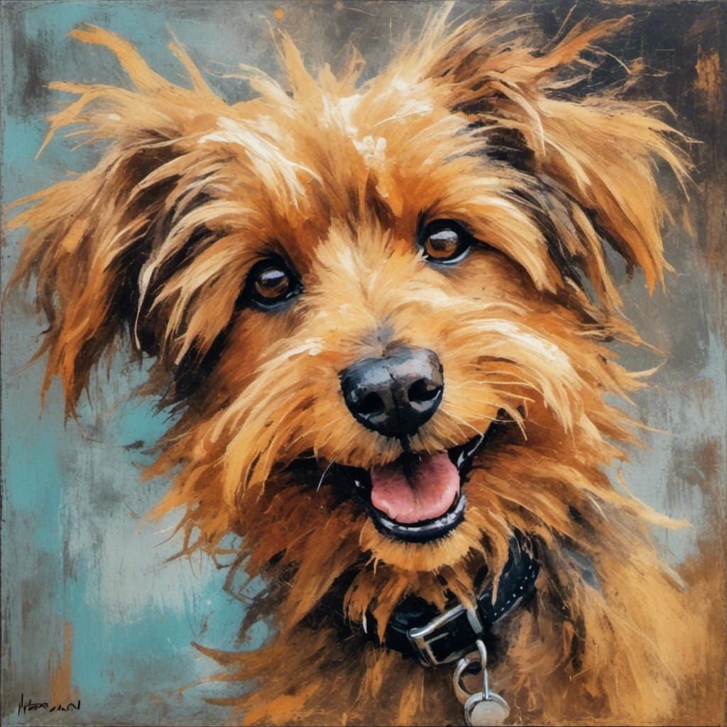 Happy Scruffy Dog in Oil Chalk Painting Style