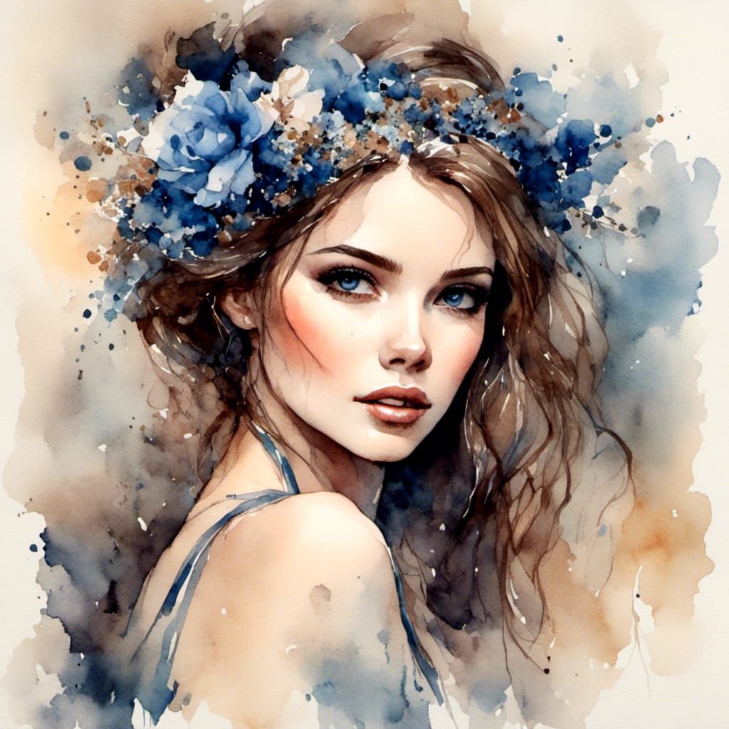 Brunette Beauty in Antique Watercolor Style