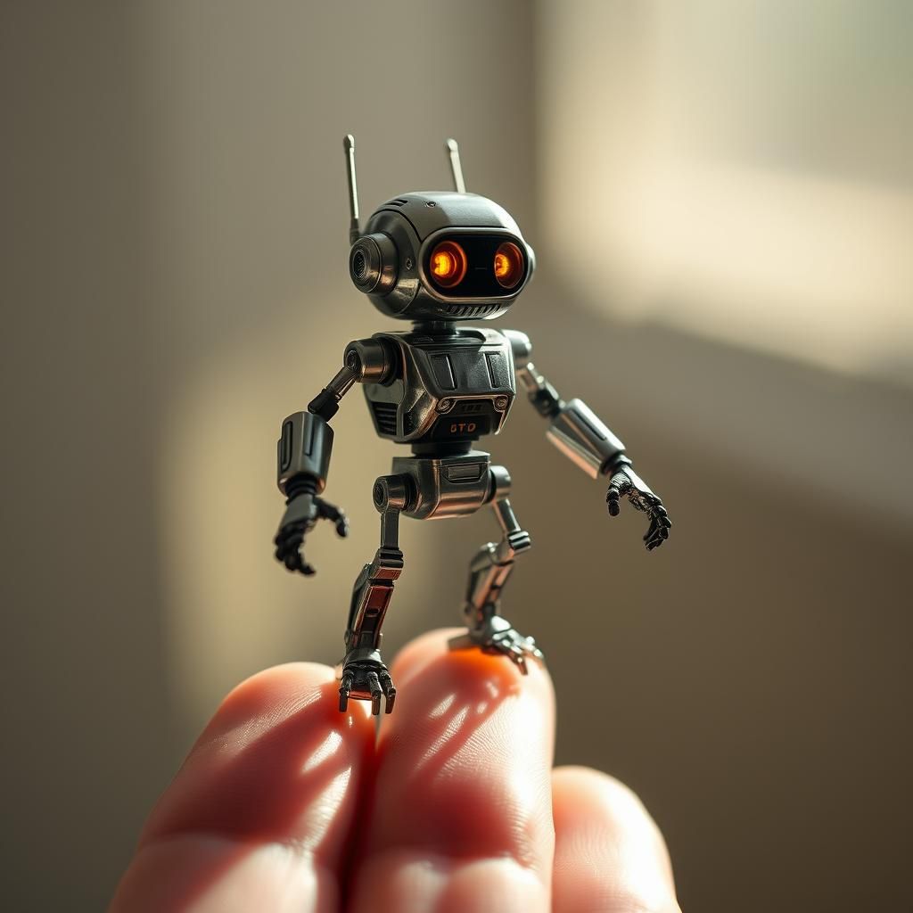 Robot on Fingertips in Futuristic Style