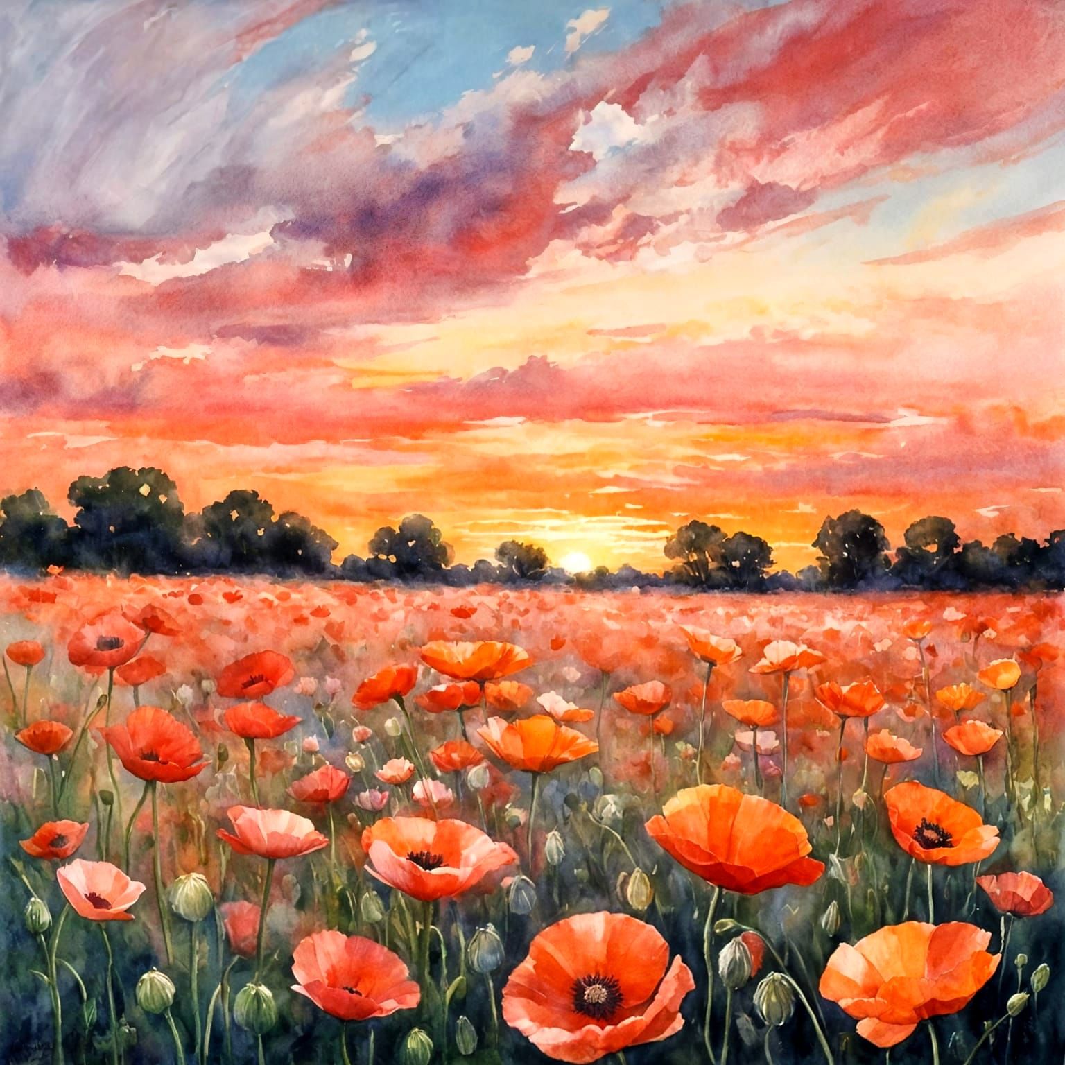 Romantic Watercolour Sunset Poppies in a Field