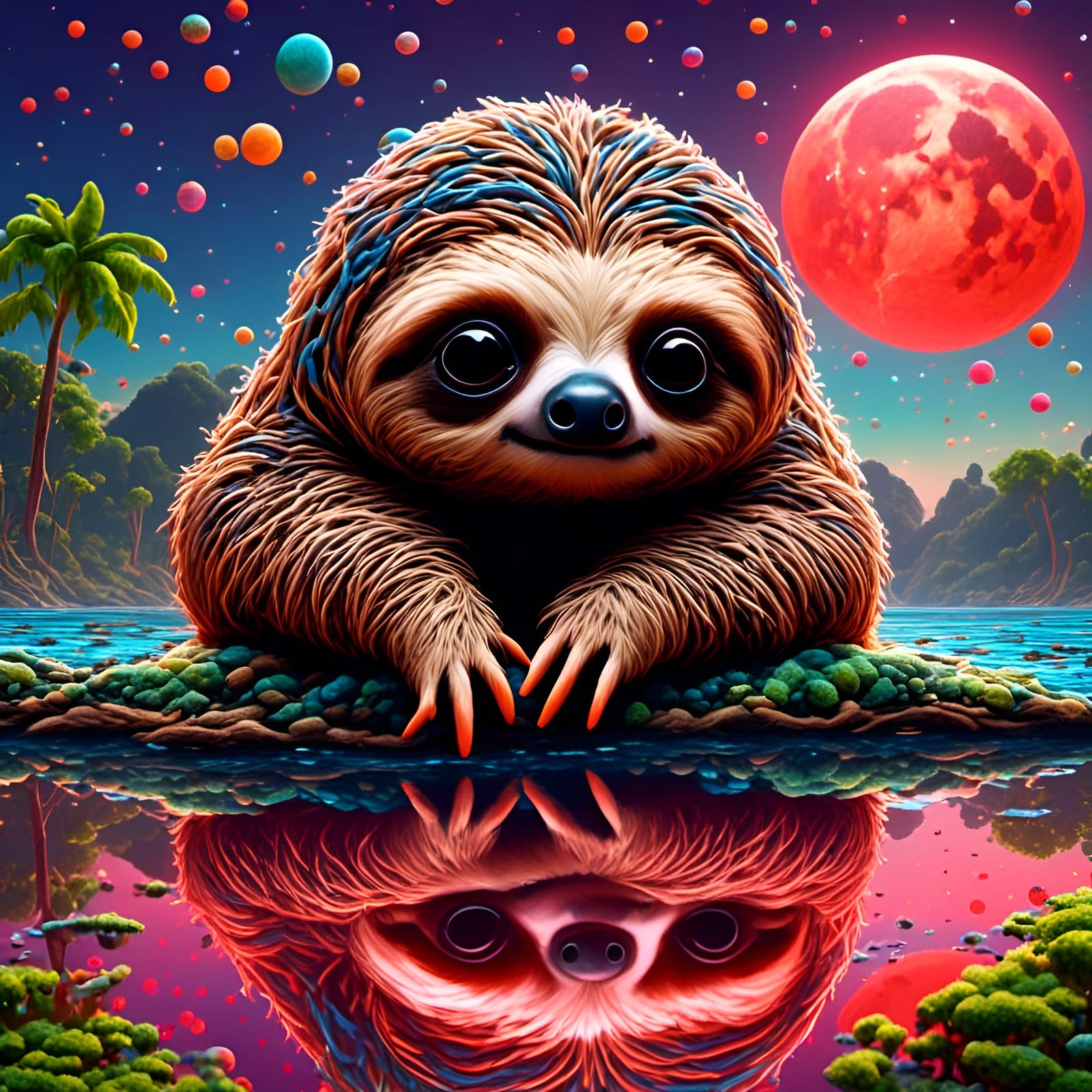 Meditating Baby Sloth under Blood Moon in Digital Art