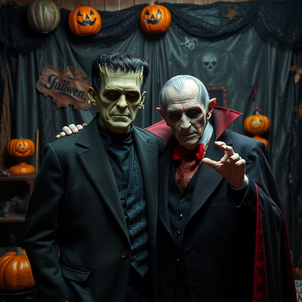 Frankenstein and Dracula posing for a "prom photo"