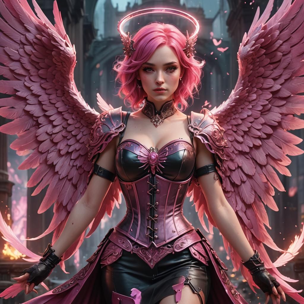 Pink Angel with Wings in Detailed Matte Painting