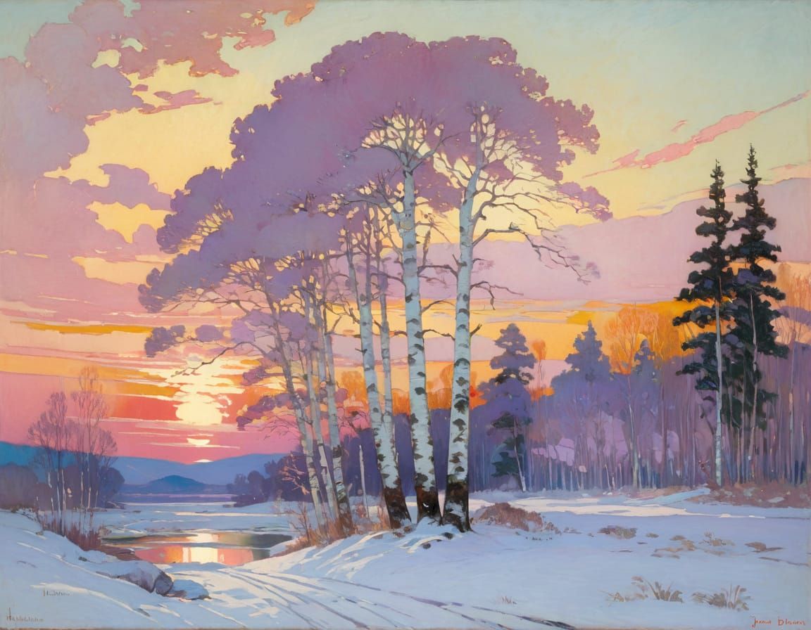 White Birch in Pink Sunset Winter Landscape
