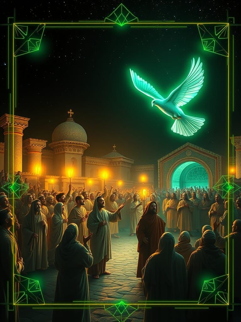 Pentecost Scene with Fractal Dove in Digital Art Style