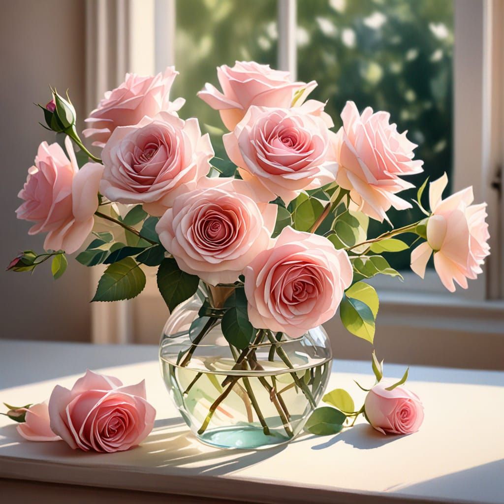 Pink Roses in Glass Vase Watercolor Painting