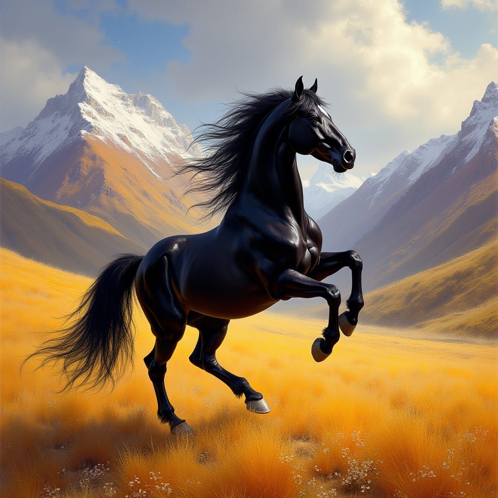 Majestic Black Horse Rearing in Mountain Landscape