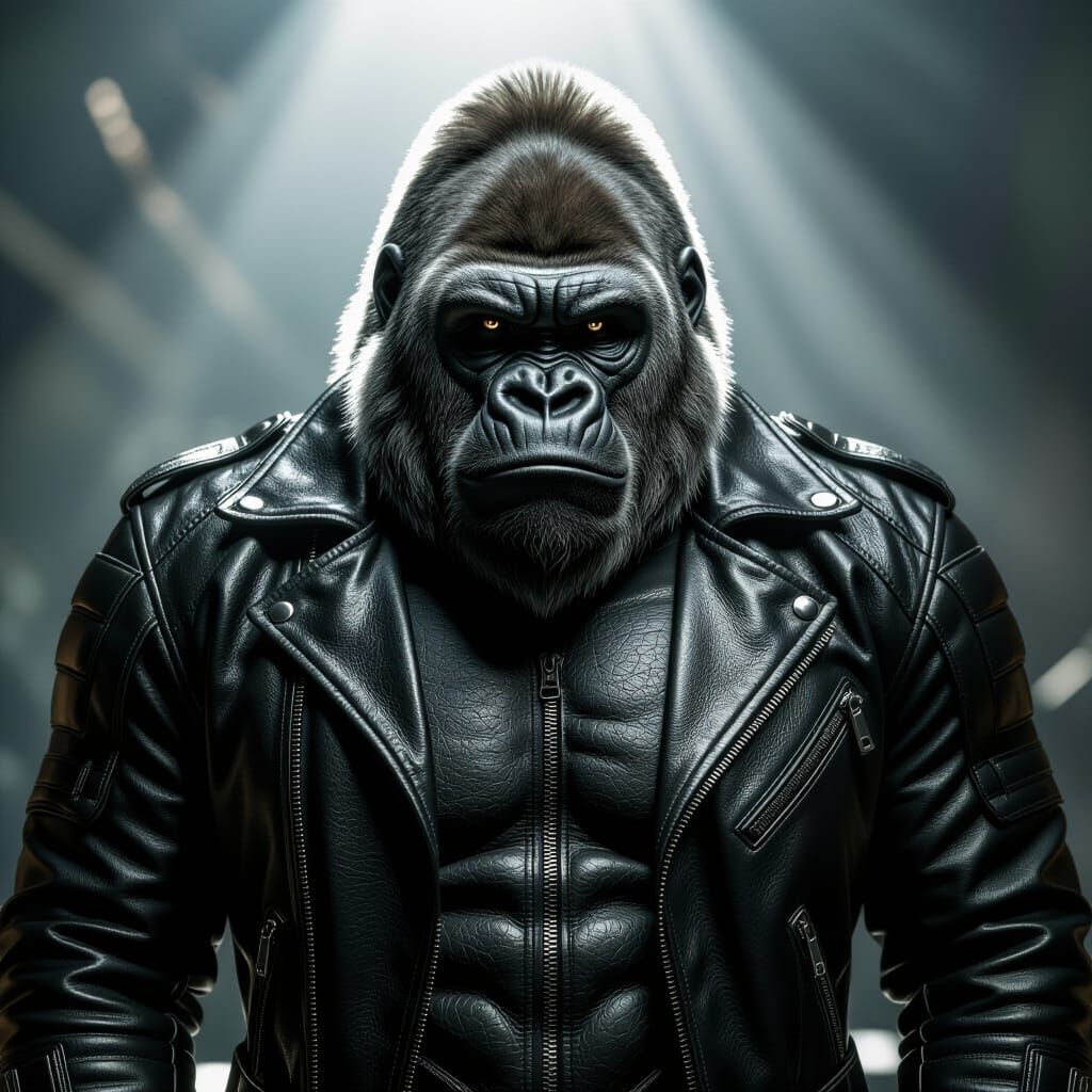 Majestic Gorilla in Biker Jacket, Photorealistic Style