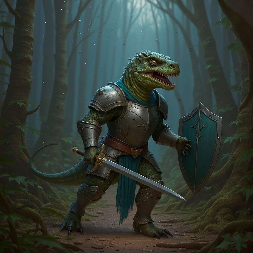 Armored Velociraptor in Mystical Forest: Fantasy Concept Art