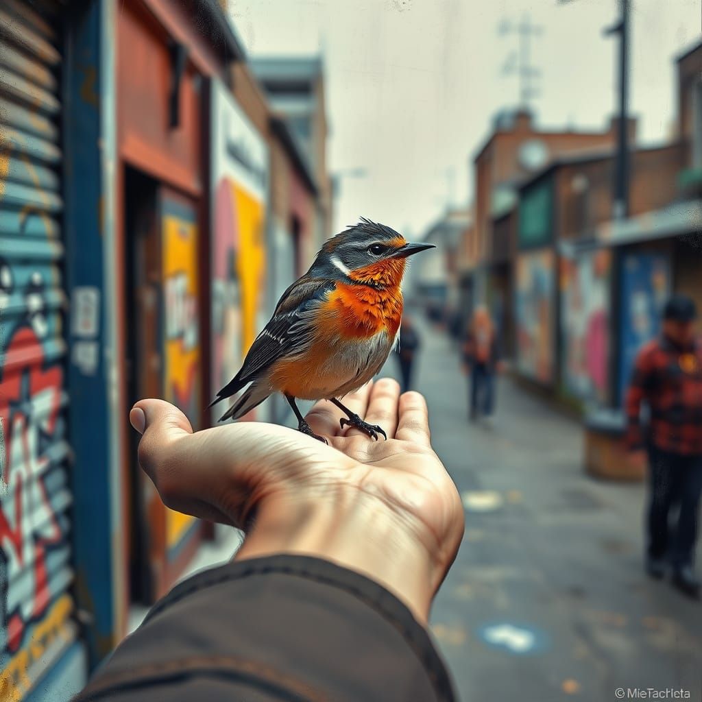 Bird on Hand in Urban Street Art Style