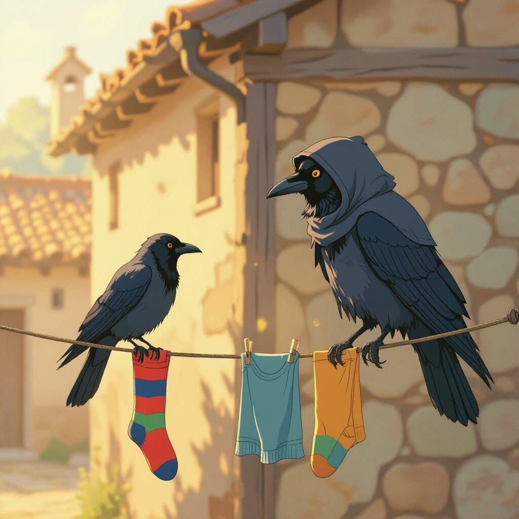 Hooded Crow on Clothesline, Cinematic Still