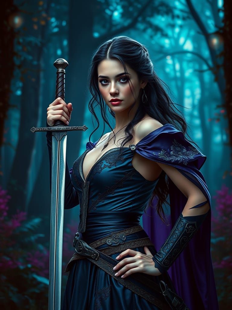 Heroic Warrior Woman in Mystical Forest, Digital Art