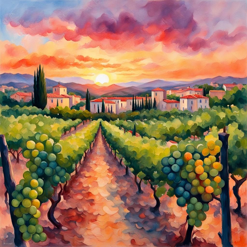 Spanish Grapevines Sunset in Gouache Impressionist Style