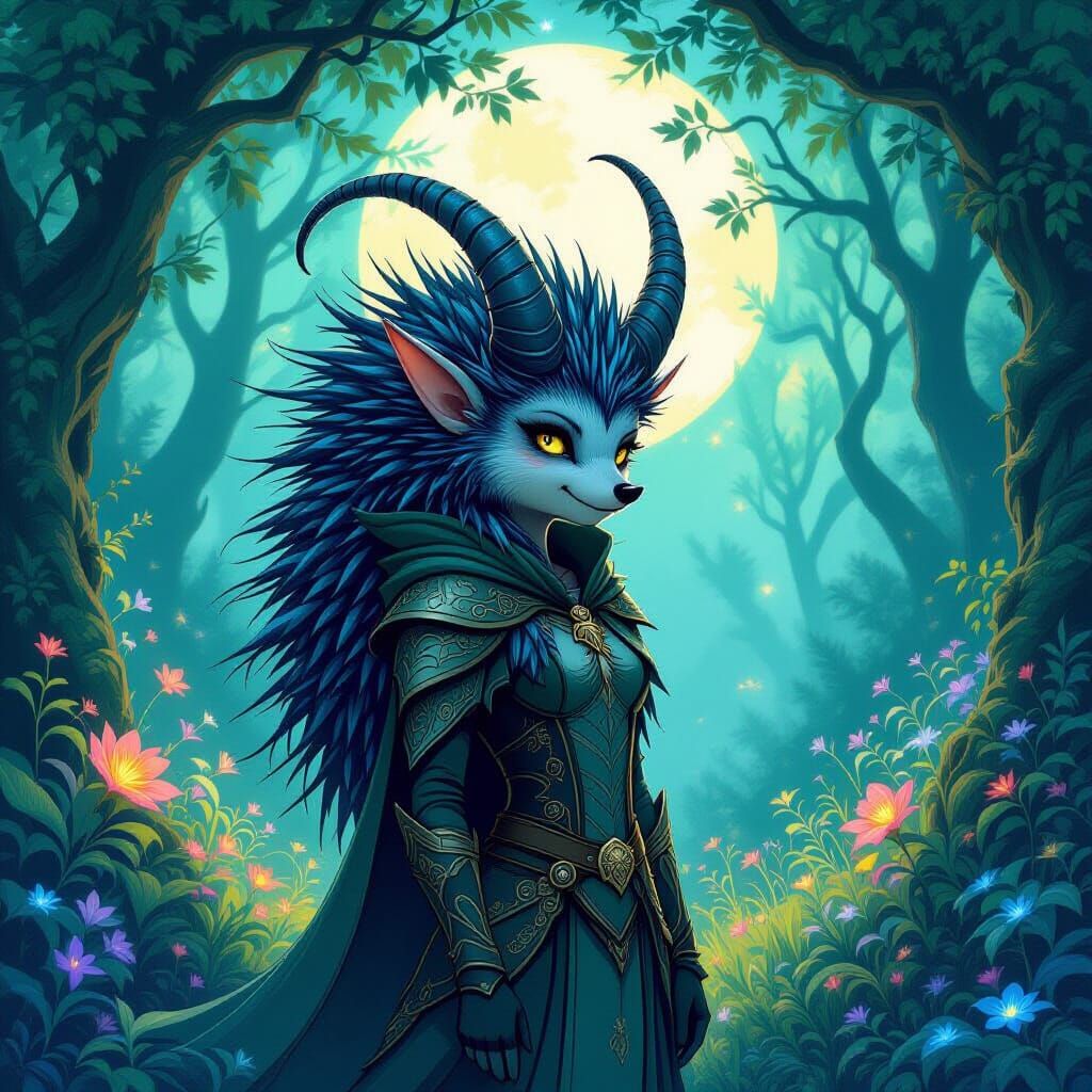 Hedgehog Elf with Horns in Moonlit Mystical Forest