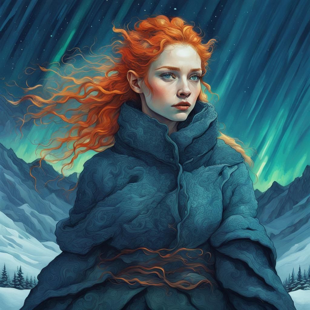 Elf Woman Under Aurora Borealis as Impressionist Painting