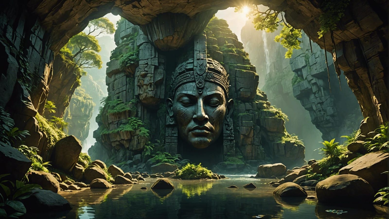 Mystical Dark Fantasy Cave with Warrior Stone Face