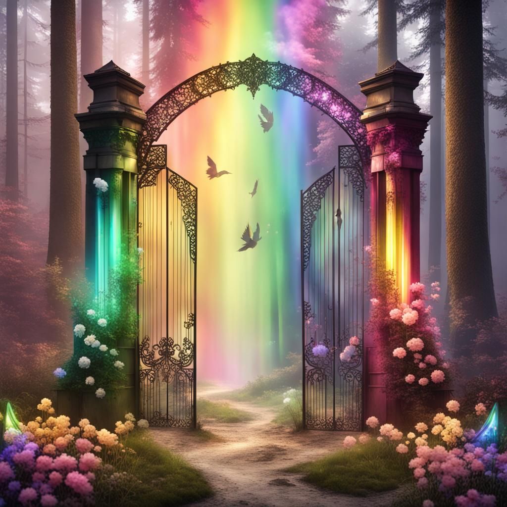 Rainbow Gates in Forest with Angel Wings