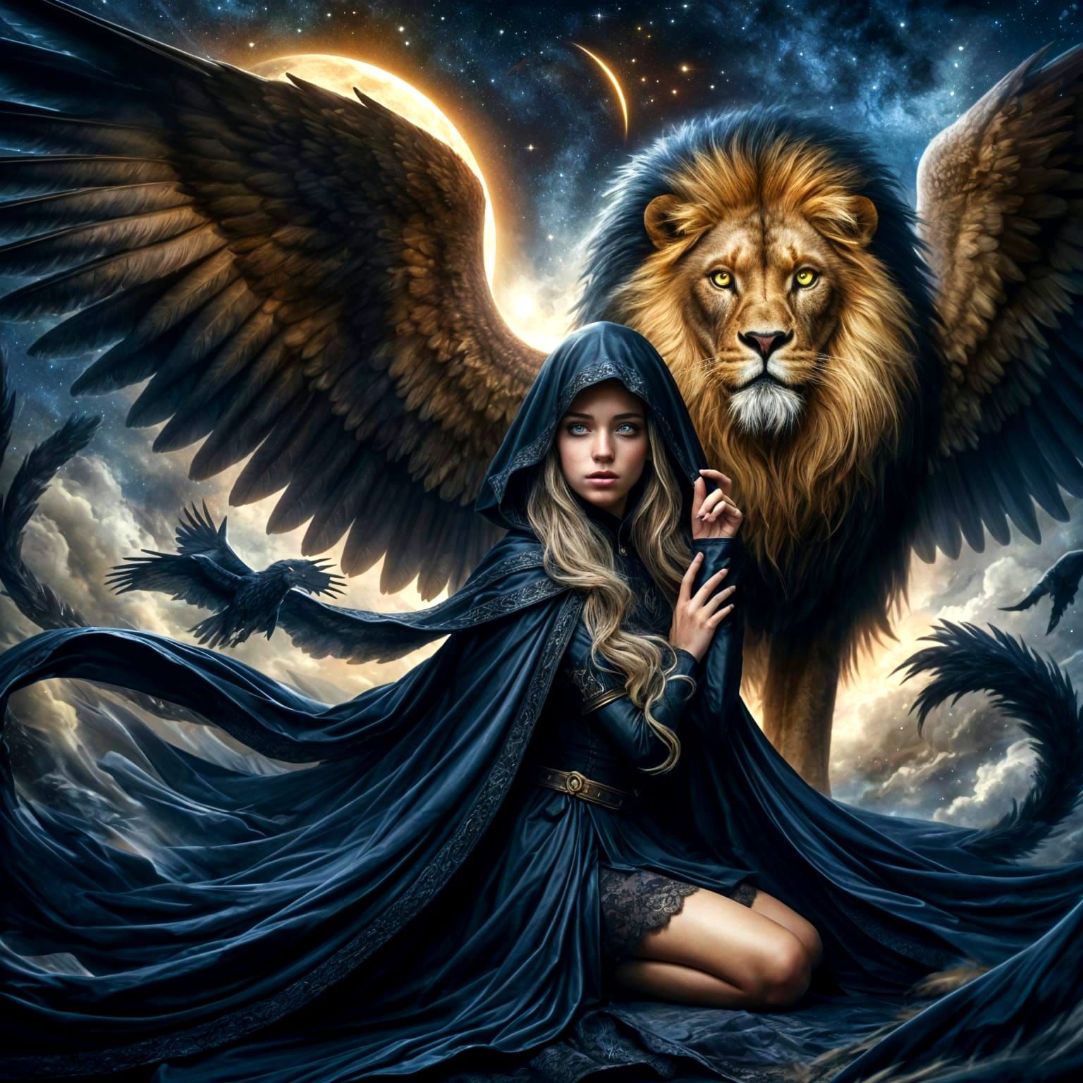 Enchanted Witch Seated Beside a Majestic Lion-Falcon Hybrid ...