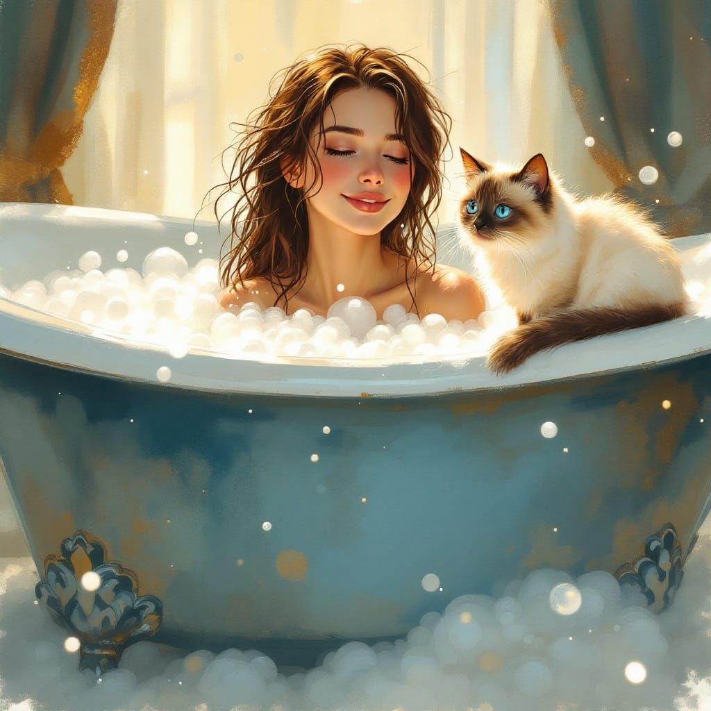 Ethereal Bath Scene with Radiant Woman and Curious Cat