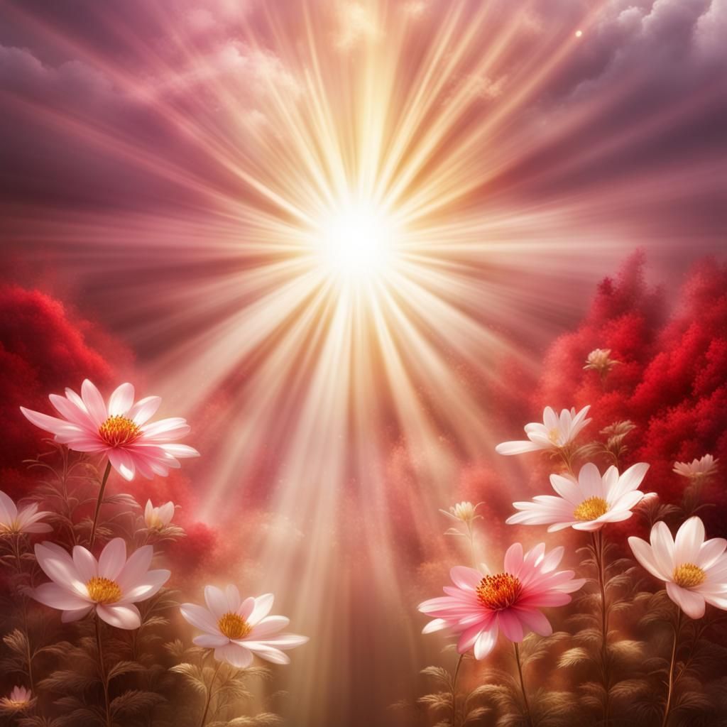 Divine Sunshine over Red and Pink Metal Flowers