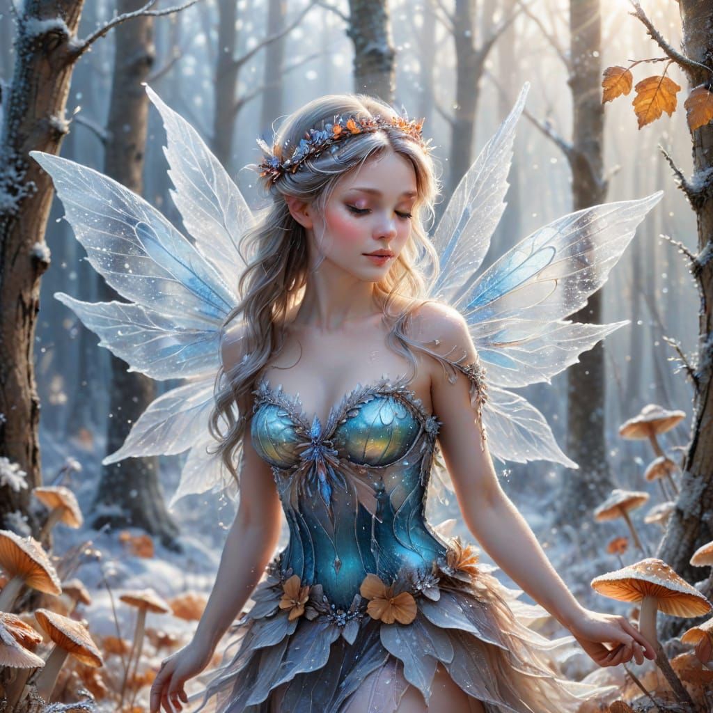 Elegant Winter Fairy in Frosty Woodland Painting