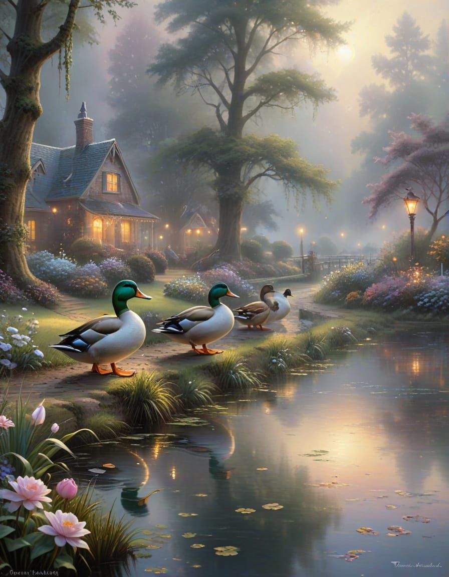 Ducks Waddling Towards Ethereal Misty Pond